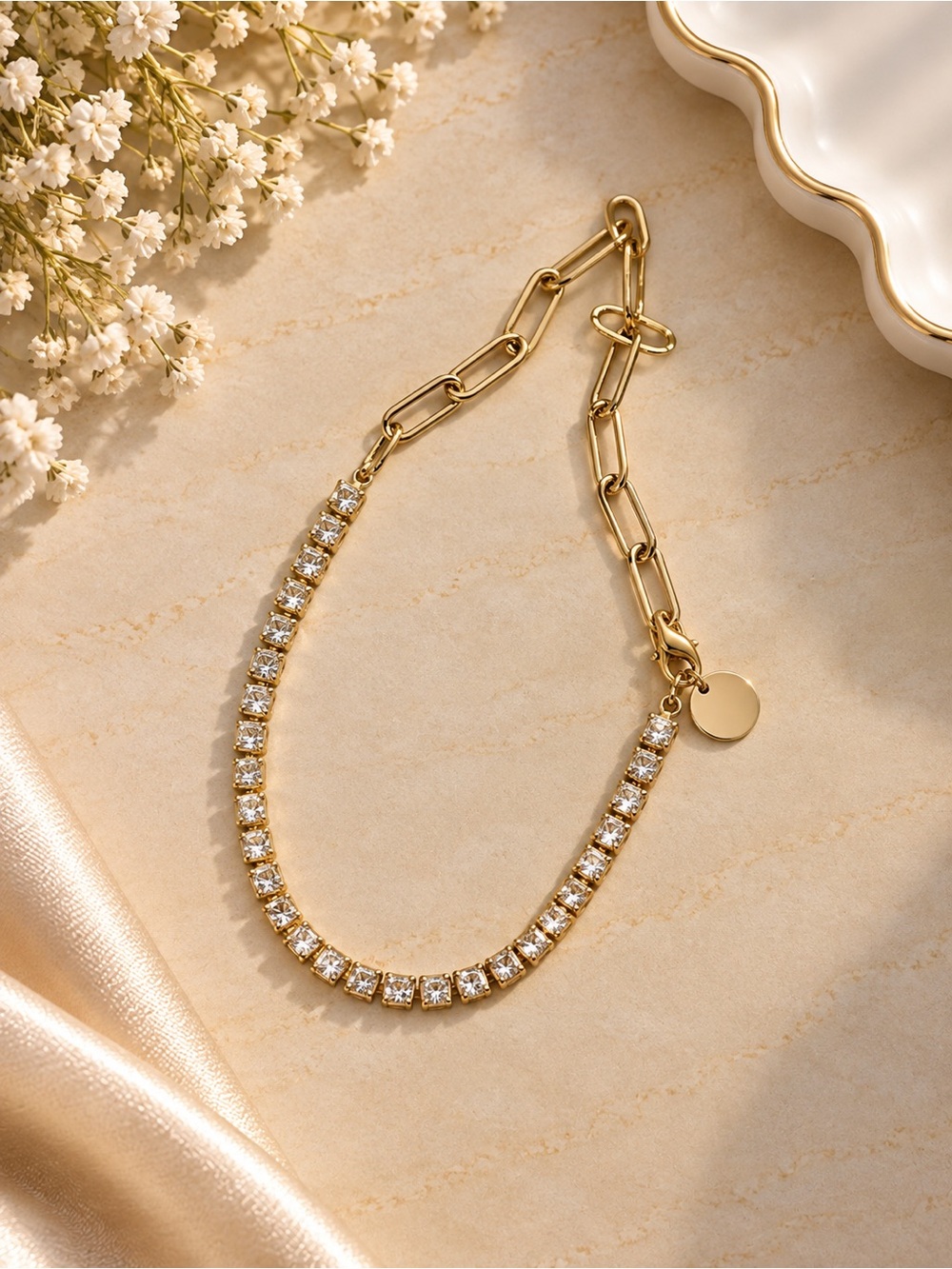 Gold Tennis Chain Bracelet with Crystal Accents